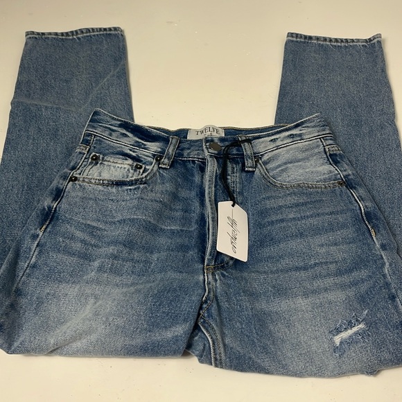 Twelve by ontwelfth Sz 25 Distressed Straight Leg High Rise Medium Wash Jeans - Picture 1 of 8